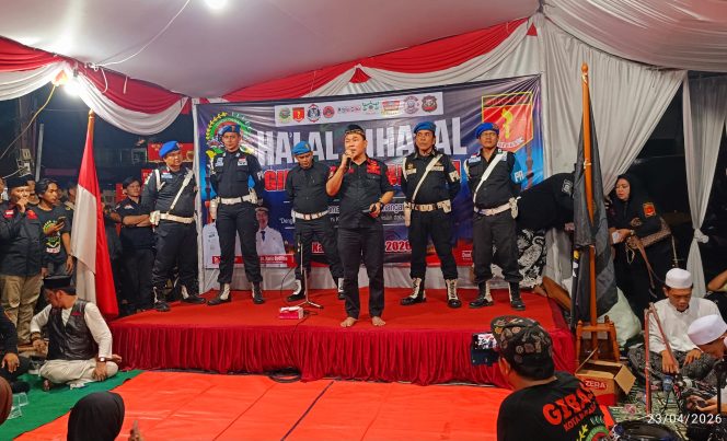 
					Ketua Gibas Resort Kota Bekasi Deni Muhamad Ali saat sambutanya dicara Halal Bihalal