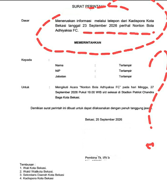 Bukti Surat Perintah Beredar, Kadispora Bekasi Diduga Mobilisasi ASN Wajib Nonton Adhyaksa FC